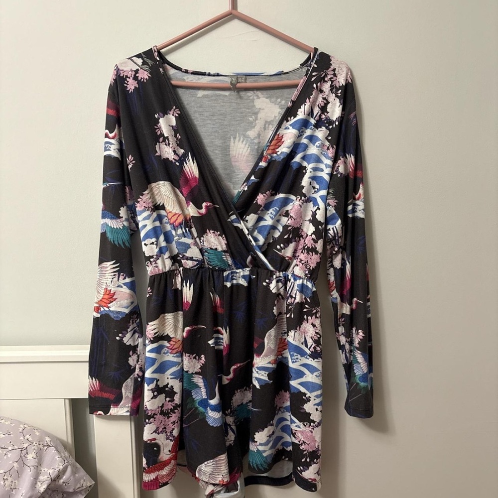 Floral and Bird Print Wrap romper